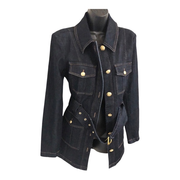 Anthropologie Avec les Filles dark wash denim Belted Long-Sleeve Military jacket - Picture 1 of 16